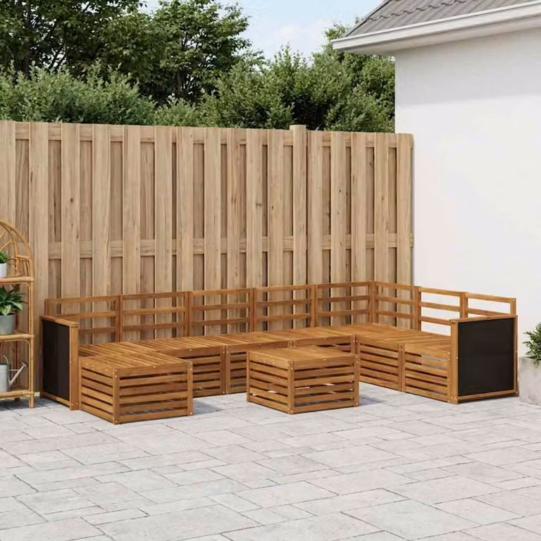 Set di divani da esterno vidaXL a forma di L in legno di acacia massello marrone con 9 pezzi e cuscini inclusi