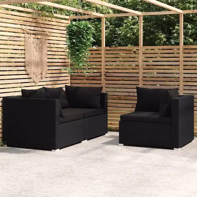 Salotto da Giardino-Set Divani da Giardino 3 pz con Cuscini in Polyrattan Nero 414544