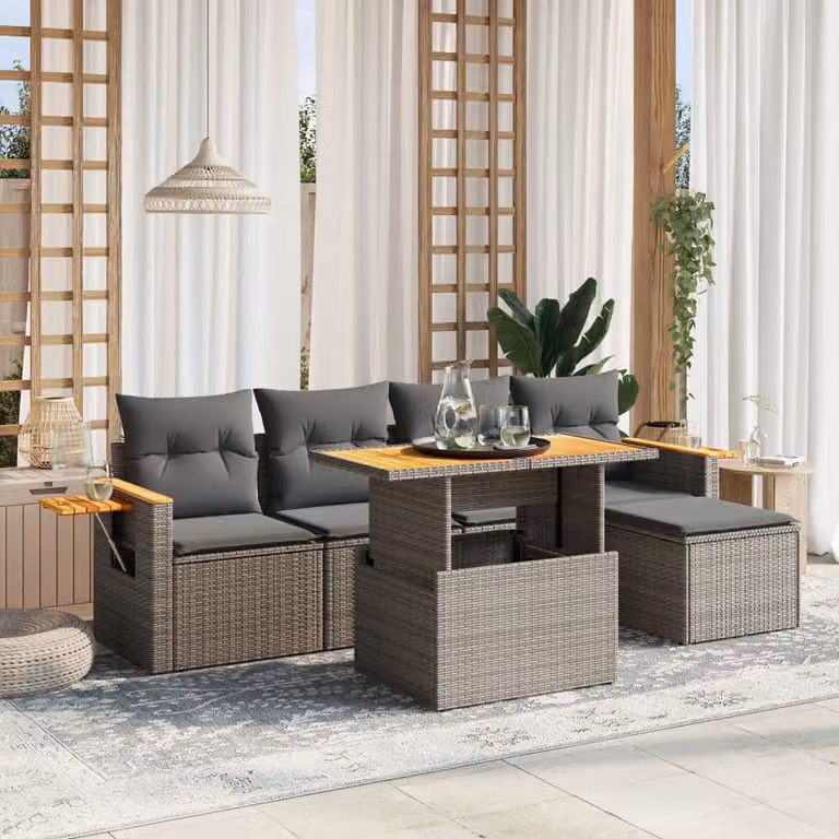vidaXL Set Divano da Giardino 6 pz a L in Polyrattan Grigio con Cuscini e Tavolino