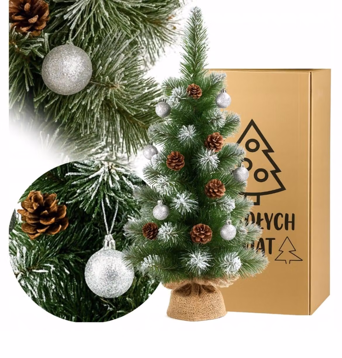 Piccolo albero di Natale artificiale, 65 cm, albero di Natale innevato con decorazioni in un vaso di iuta