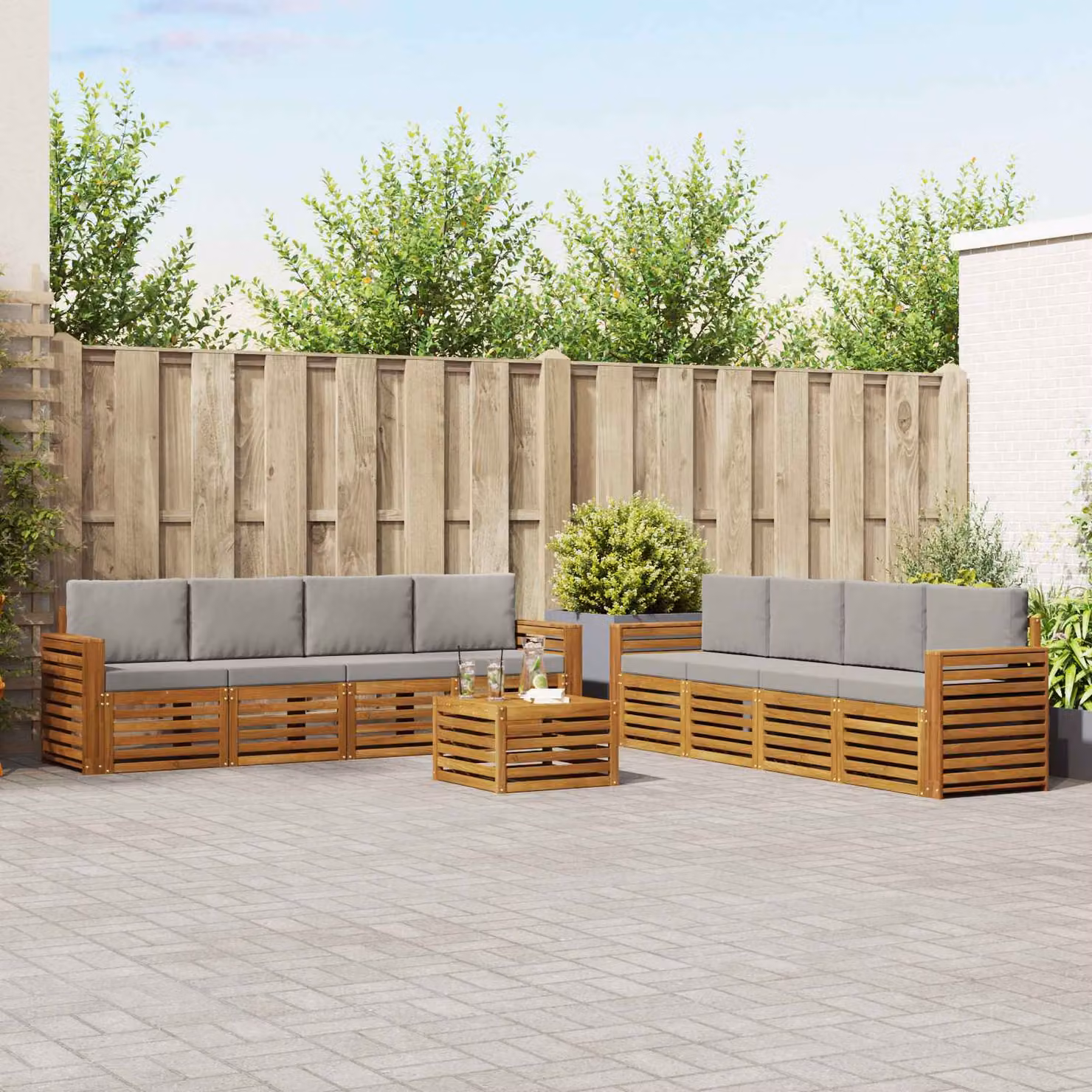 vidaXL Set di divani da esterno a L in legno di acacia con 9 pezzi, Beige, Grigio e Marrone