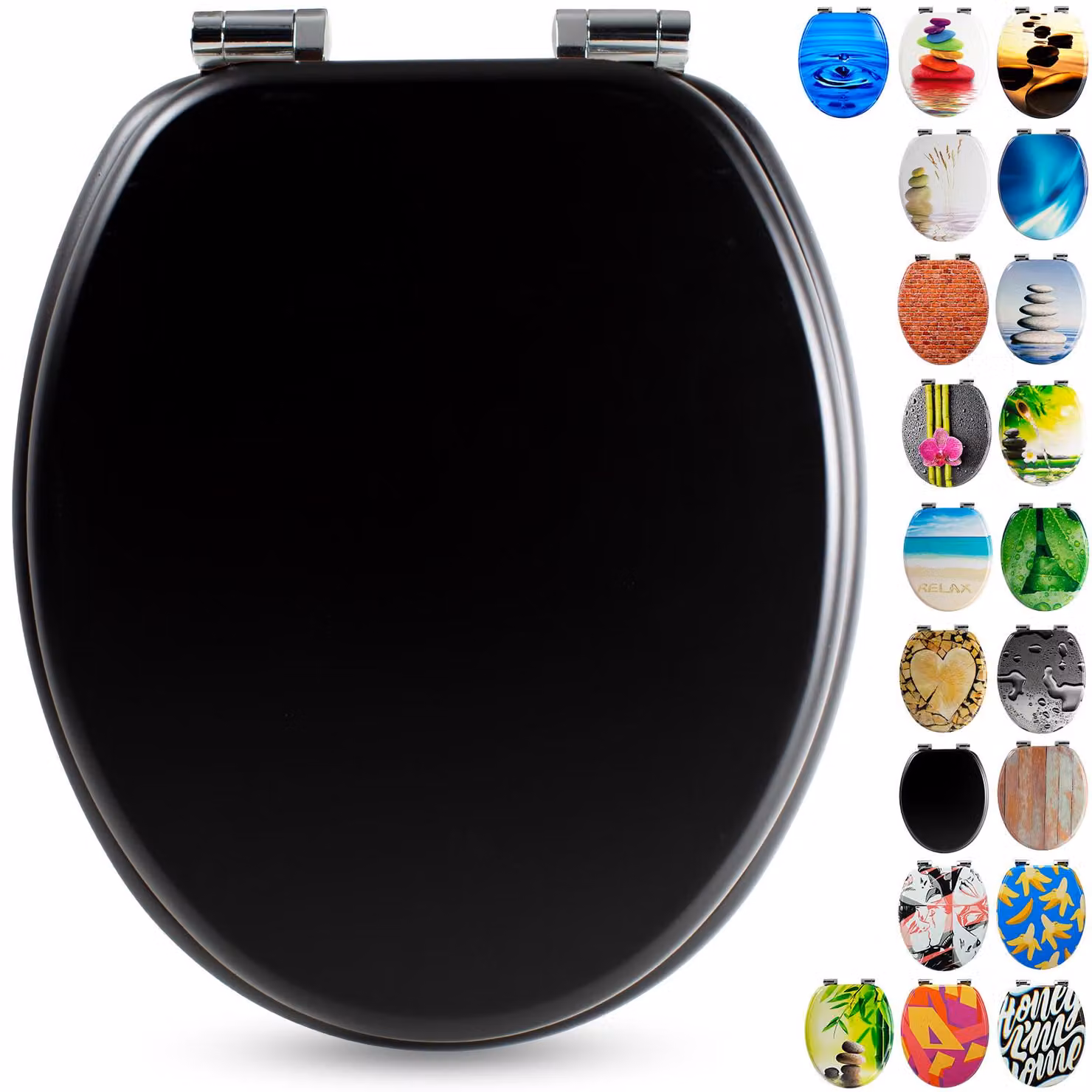 Sedile WC Sanfino® Premium "All Black": sedile WC di alta qualità in legno con chiusura ammortizzata, numerosi motivi colorati, facile da montare