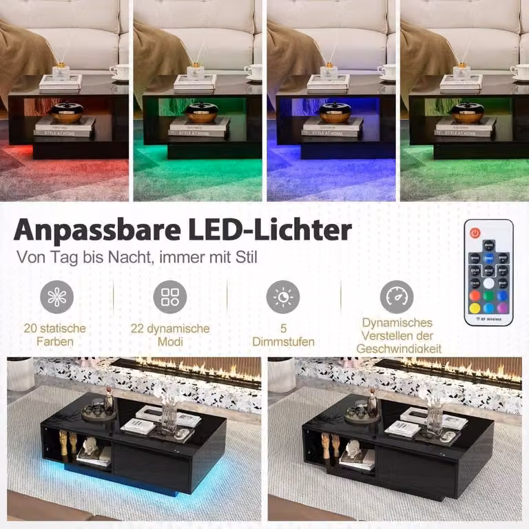 Tavolino da caffè con luci a LED, telecomando, contenitore, nero, 95x55x31 cm