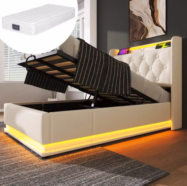 Letto singolo 90x200 cm con contenitore idraulico; LED e materasso; PU bianco