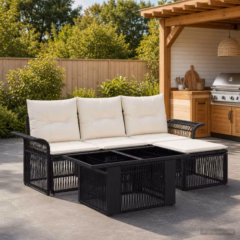 Set Divano da Giardino vidaXL 5 Pezzi in Polyrattan con Cuscini, Colore Nero e Bianco Crema