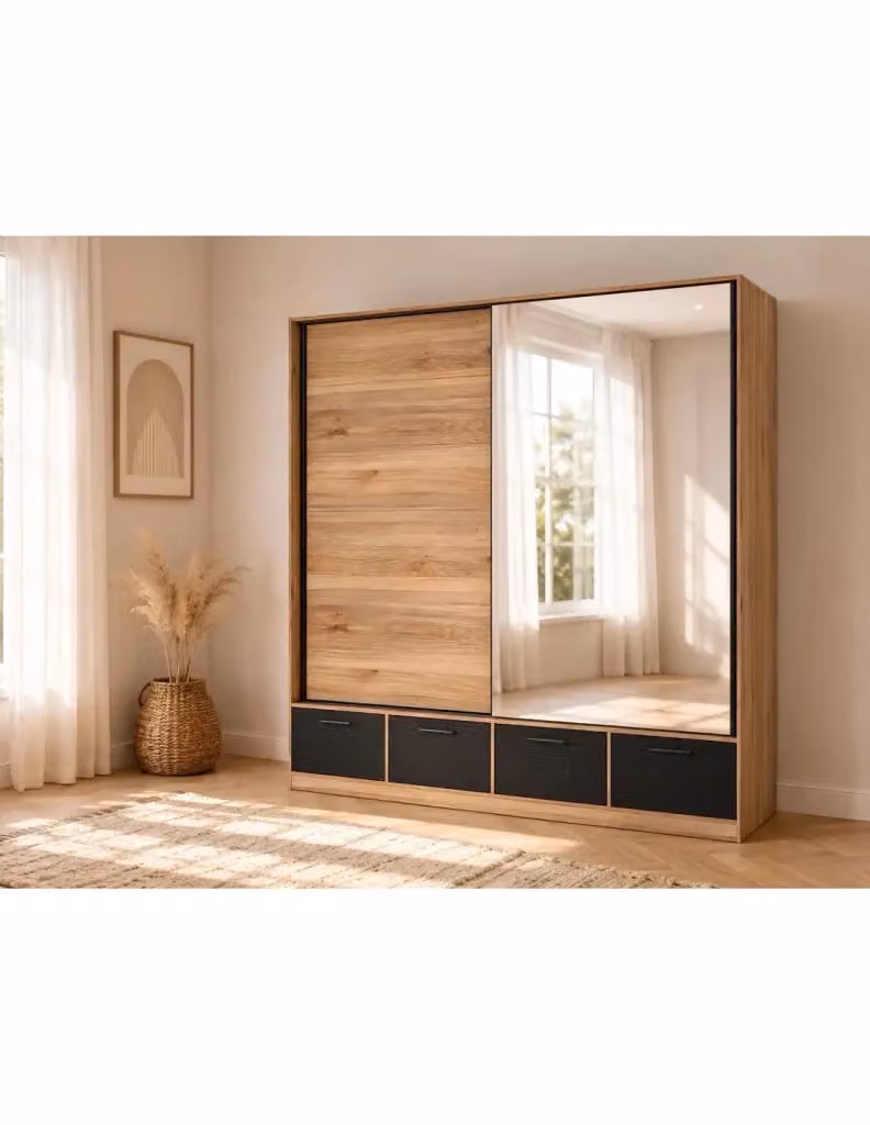 Armadio Meublorama Collezione EOS con 2 porte scorrevoli con specchio e 4 cassetti, colore quercia e nero, L: 200,1 cm, P: 60,5 cm, H: 209,2 cm – 2