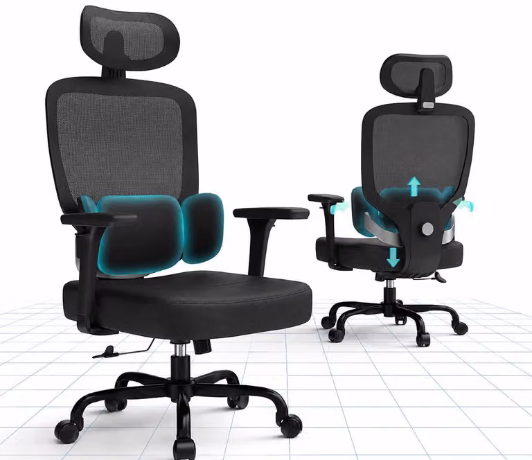 Sedia da ufficio ergonomica, regolabile in altezza, per l'home office con supporto lombare a 3 livelli, braccioli 3D e poggiatesta 2D, nera