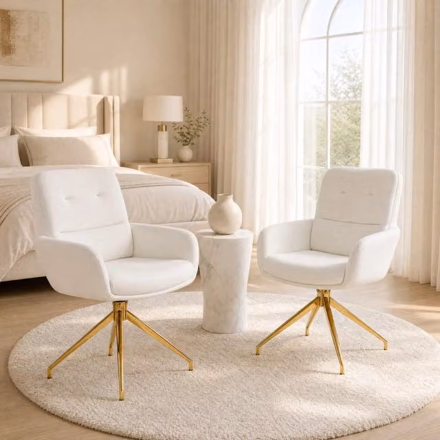 Set di 2 Sedie Girevoli da Pranzo in PU Bianco con Gambe in Metallo Dorato, Altezza 85 cm
