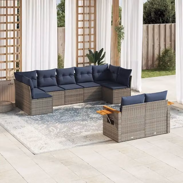 Set Divani da Giardino 9 pz con Cuscini Grigio in Polyrattan 3227132