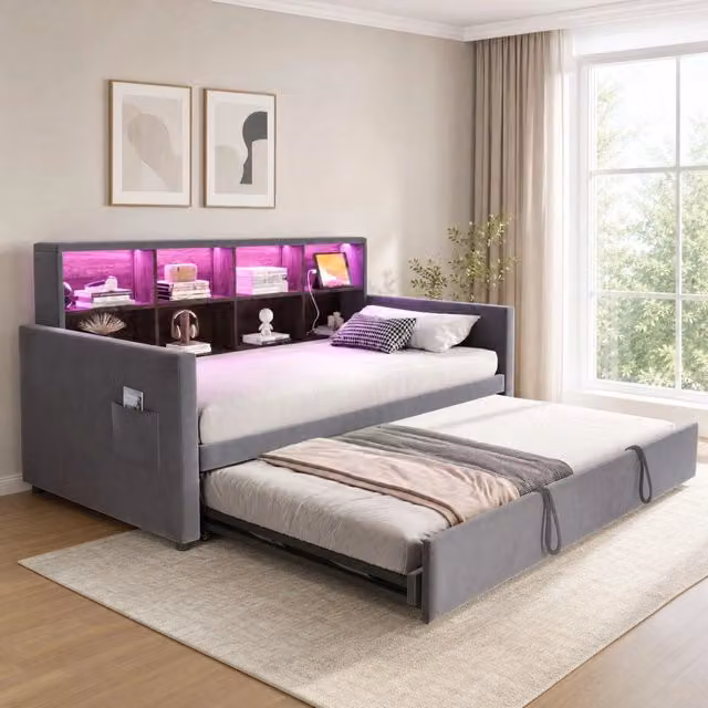 Divano Letto Imbottito 90x190 cm con Cassettiera Integrata, Striscia LED e Prese di Ricarica, Tessuto Vellutato Grigio Scuro