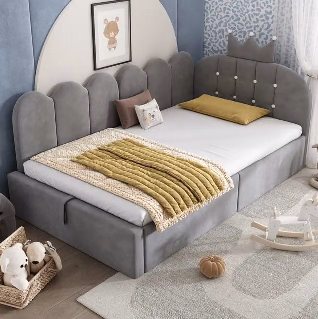 Letto da giorno 90x200 grigio in velluto con contenitore idraulico