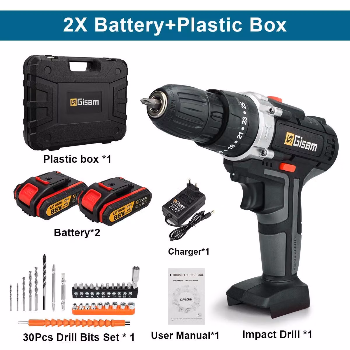 Avvitatore a batteria - Avvitatore a batteria 88VF - 25+3 livelli di coppia - 2 batterie incluse - Per il fai da te/lavori in legno - Valigetta in plastica