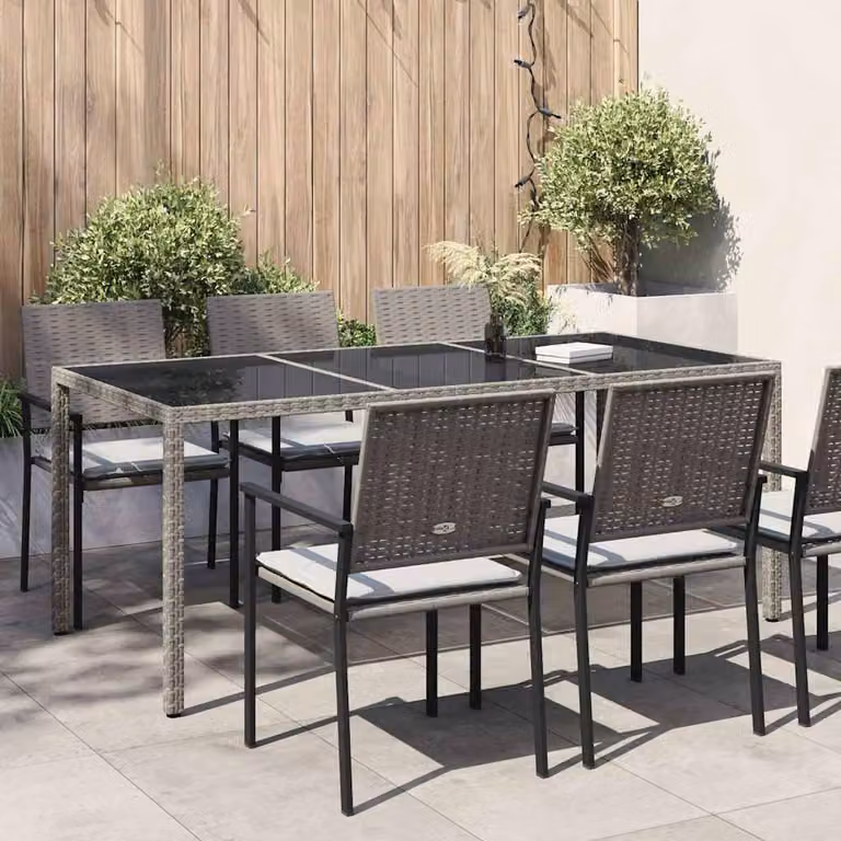 Tavolo da giardino moderno vidaXL in polyrattan e vetro temperato, Grigio e Nero, L: 190 cm, P: 90 cm, H: 75 cm