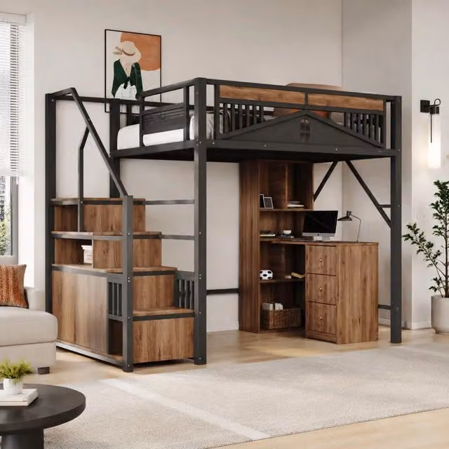 Letto a soppalco 140x200 cm con scala e contenitore in metallo e legno nero