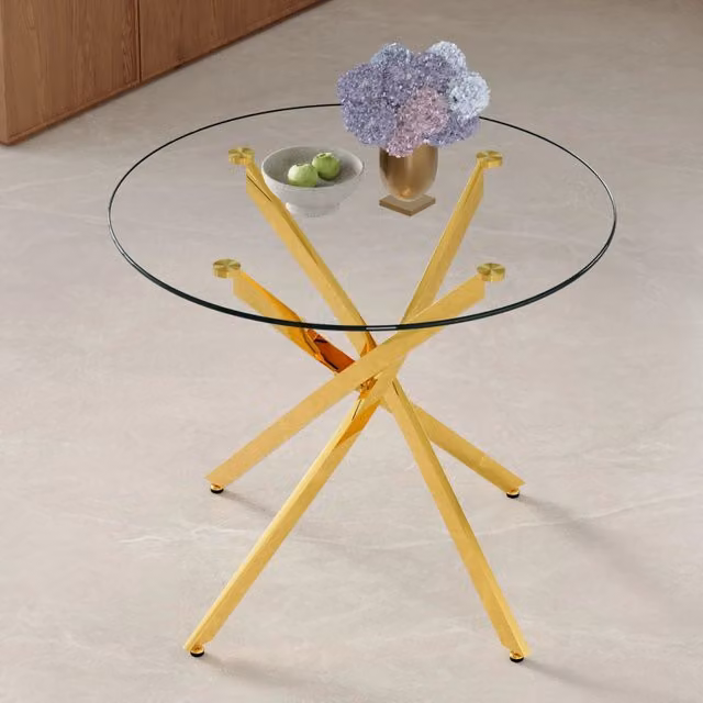 Tavolo da Pranzo Rotondo ¨C MINIMAL ¨C Vetro Temperato, Telaio Metallo Dorato, 88 cm, 2-4 Persone