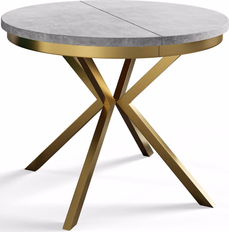 Tavolo da pranzo rotondo BERG, tavolo allungabile diametro: 120 cm/200 cm, tavolo da soggiorno colore: grigio chiaro, con gambe in metallo color oro
