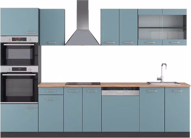 Cucina componibile moderna Vicco R-Line in finitura opaca Grigio-blu/Antracite e Rovere, L: 300 cm – 1
