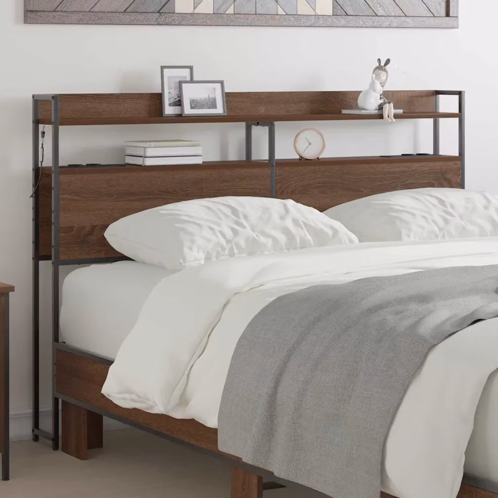 Testata del letto con contenitore vidaXL in legno ingegnerizzato e metallo, colore marrone, con illuminazione integrata, ripiano e porta di ricarica USB, L: 150 cm, H: 98 cm, P: 18 cm