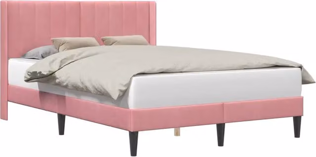 Letto matrimoniale moderno con testiera in velluto rosa, L/P/H: 160 x 200 x 102 cm