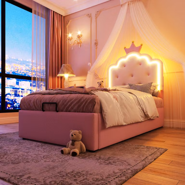 Letto imbottito Merax 90x200 cm, letto da principessa per bambini con contenitore idraulico, LED, rete a doghe, forma a , letto piano, letto per ragazzi, PU, rosa