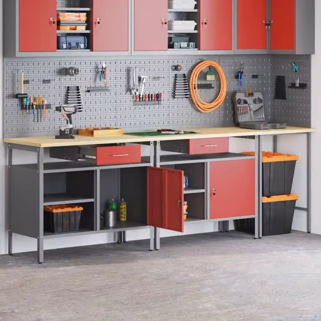 Set banco da lavoro vidaXL in acciaio 3 pezzi con pannello forato e altezza regolabile, Nero, Grigio e Rosso – 1