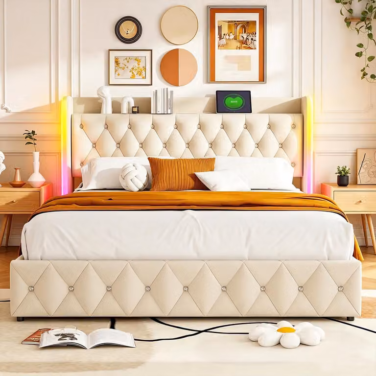 Letto con boxspring INONEFT, 160x200 cm, con LED e USB/C, letto imbottito matrimoniale con sistema idraulico e spazio contenitore, letto per ragazzi, struttura letto, velluto, beige