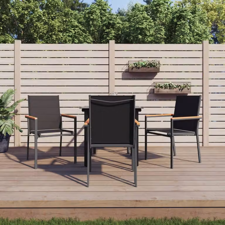 Set da pranzo da giardino vidaXL in 5 pezzi nero con tavolo in vetro e sedie in acciaio e textilene