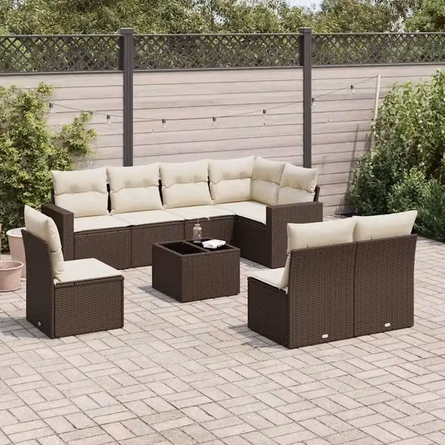 Set Divani da Giardino 9pz con Cuscini Marrone in Polyrattan 3219073