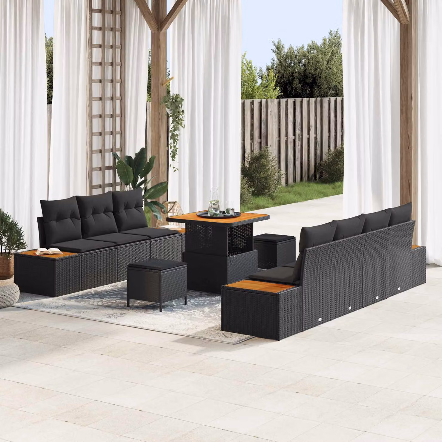 Set Divano da Giardino vidaXL 10 Pezzi a Forma di L con Tavolino e Pouf, Nero, in Poly Rattan con Cuscini Inclusi – 1