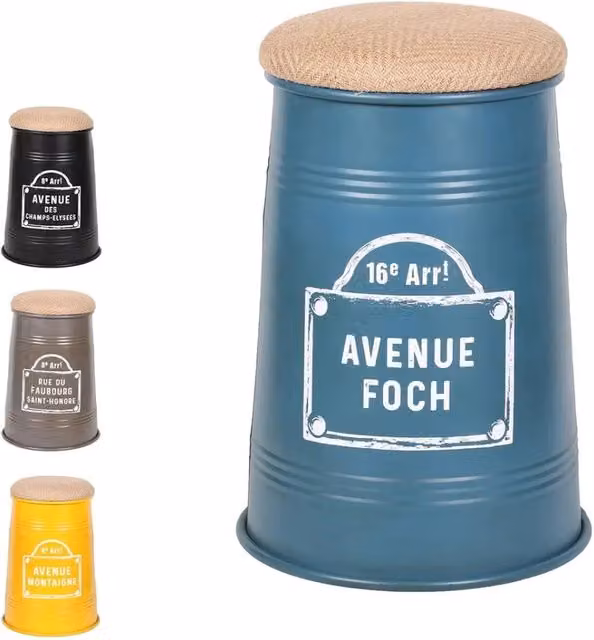 Set di 4 sgabelli pouf conici in stile industriale Meublorama, collezione PARIS, colori nero, giallo, grigio e blu – 1