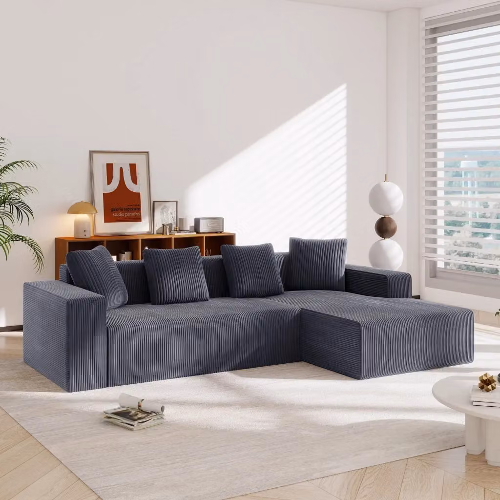 Divano angolare a 3 posti MIVRAY in velluto a coste grigio con chaise longue sinistra L/P/H: 261 x 65 x 146 cm – 2