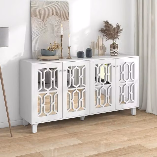 Credenza ULEVR 160x40x84 cm con 4 ante, ripiano interno mobile e finitura bianca a specchio