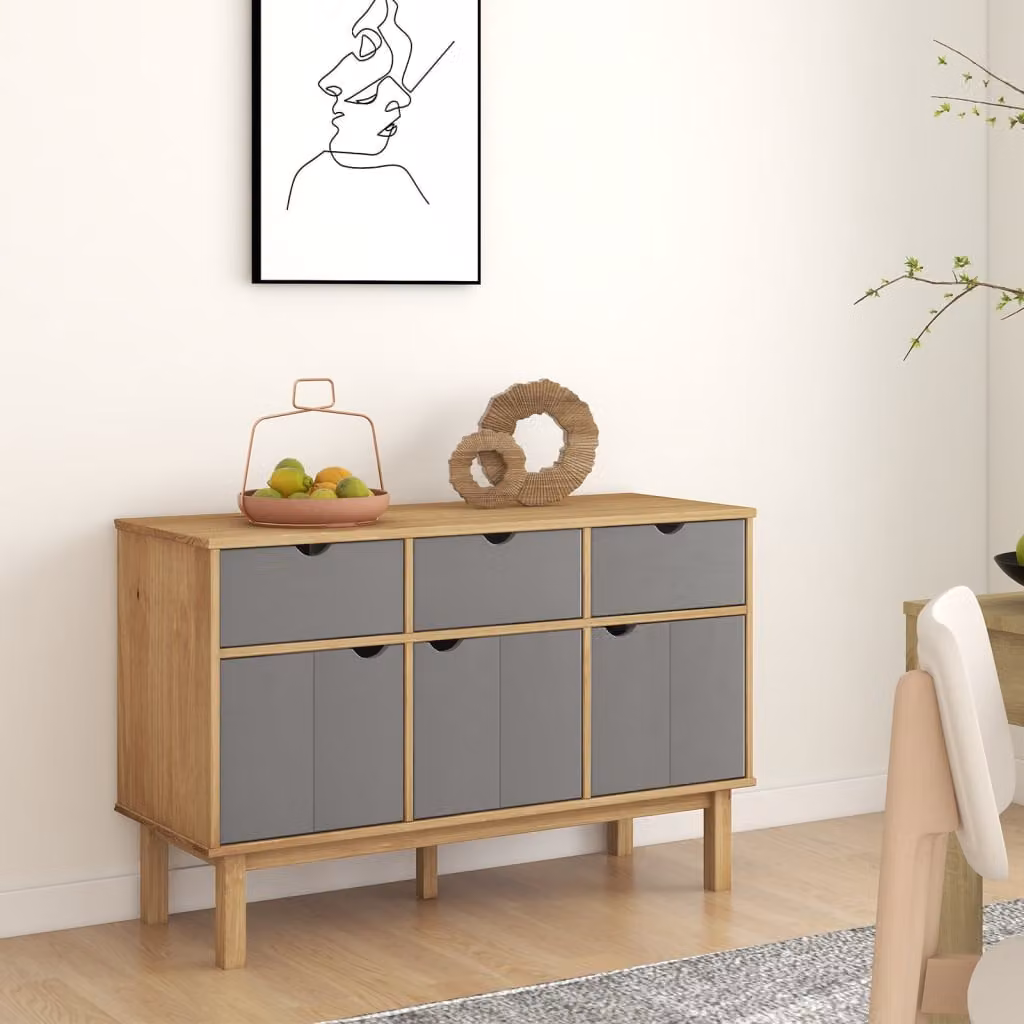 Credenza vidaXL OTTA in legno di pino cerato, Marrone e Grigio, L 114 x P 43 x H 73,5 cm