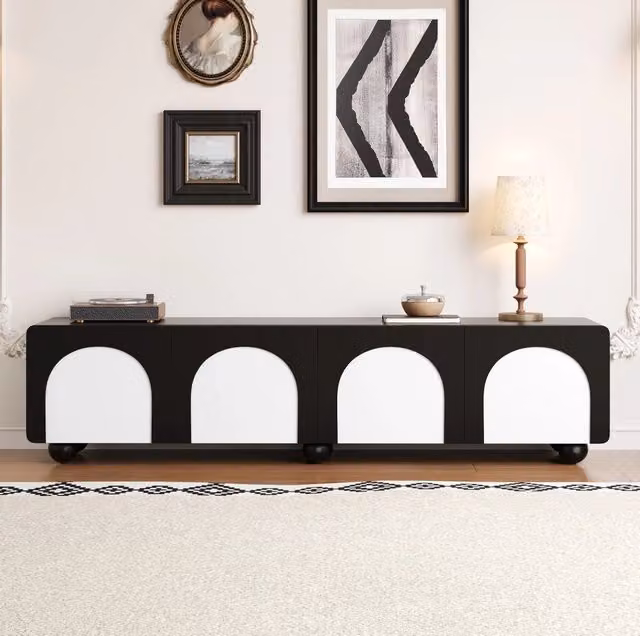 Mobile TV ULEVR 180x38x45 cm con 2 cassetti, 2 ante e passacavi, MDF e PB, nero e bianco