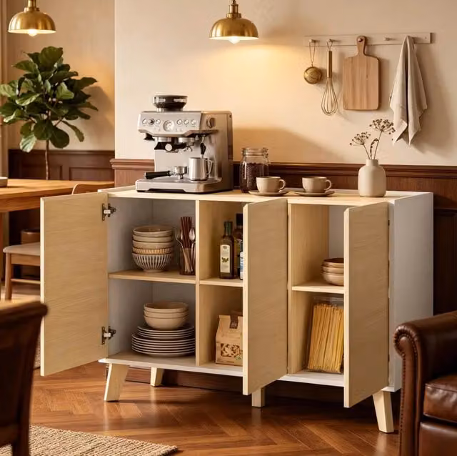 Buffet nordico bianco e legno naturale con 3 porte e 6 scomparti, 120x35x73,5 cm