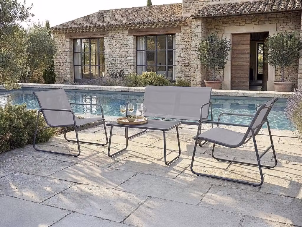 Set da giardino moderno Habitat in acciaio verniciato grigio con divano a 2 posti, poltrone lounge, tavolino e cuscini inclusi – 2