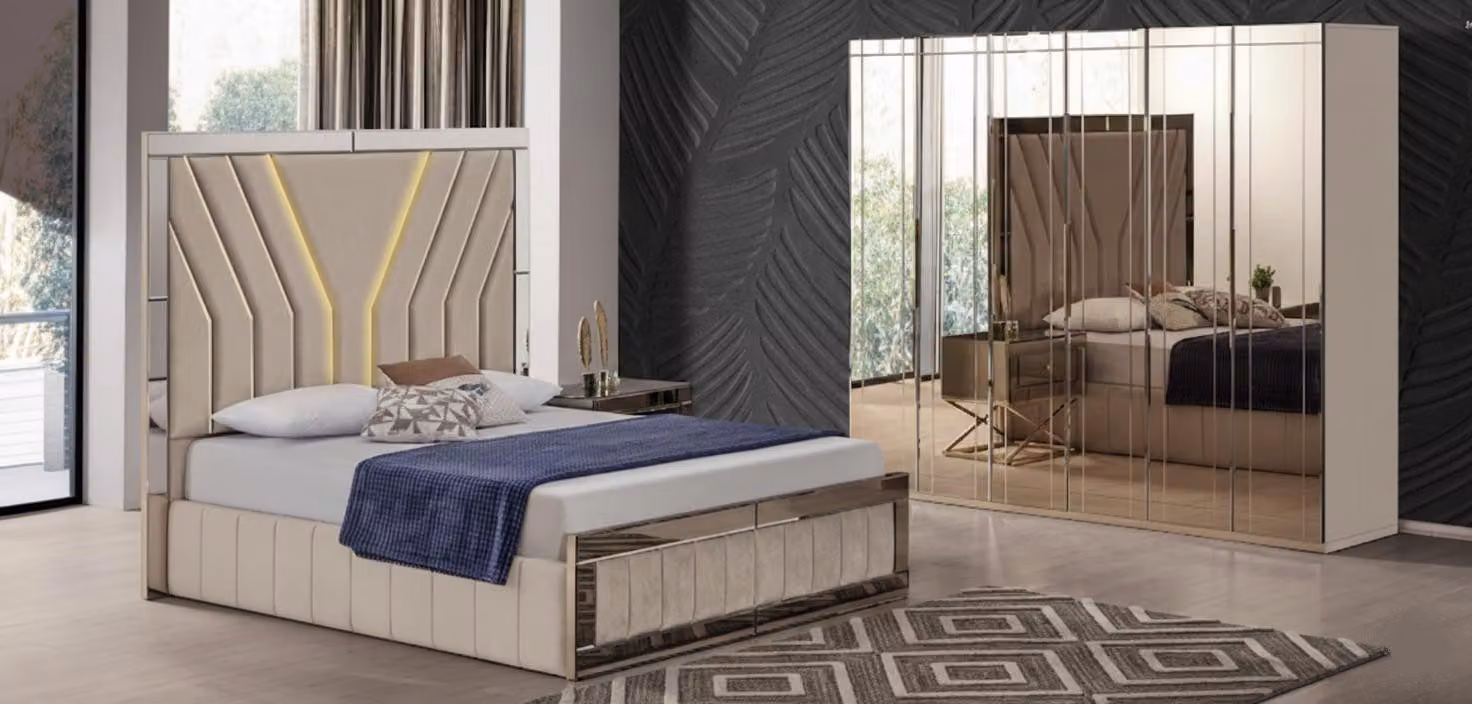 Set da camera da letto beige, composto da: letto matrimoniale e armadio in vetro, 2 pezzi