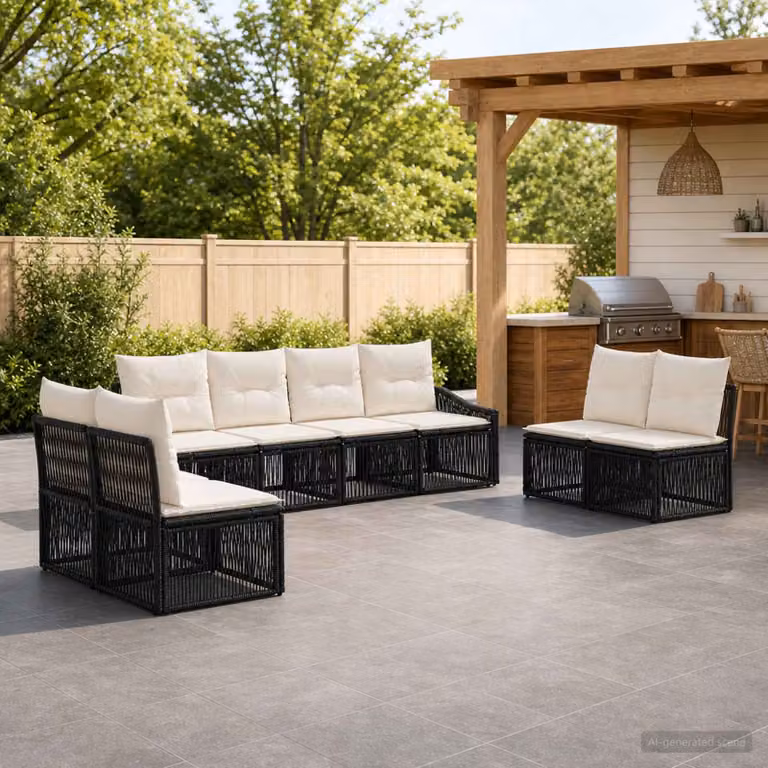 Set Divano da Giardino vidaXL 8 pz a Forma a L in Polyrattan Nero con Cuscini e Struttura in Acciaio