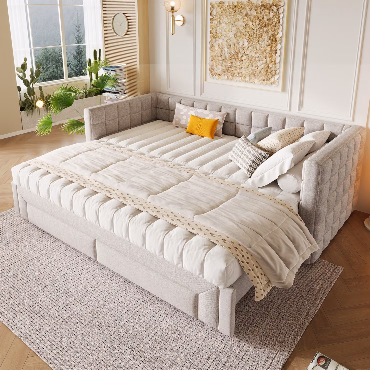 Letto imbottito Abrihome 90 x 200 cm con letto estraibile, daybed con 2 cassetti, beige
