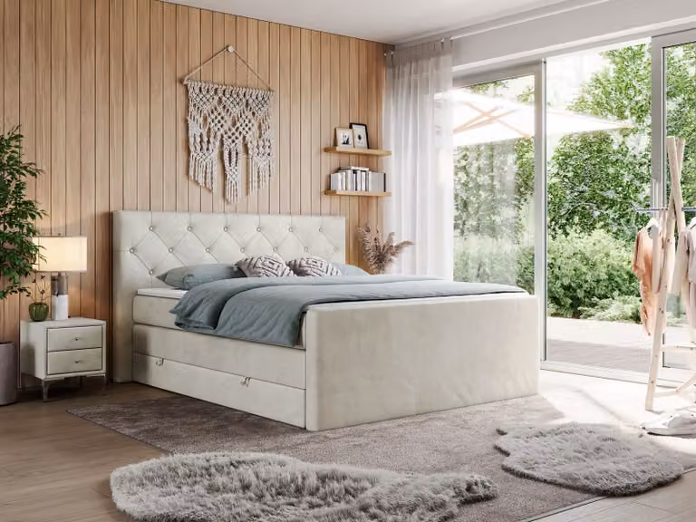 Letto matrimoniale con materasso Multipocket e coprimaterasso, letto boxspring con cassetti - KING VELEN - 140x200 cm - Beige - H4