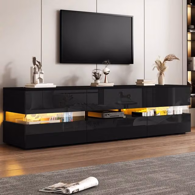 Mobile TV moderno nero lucido 160x39x45 cm, per TV 70", con illuminazione LED, inserto in vetro acrilico, apertura a pressione, 2 ante, 1 cassetto, vano aperto