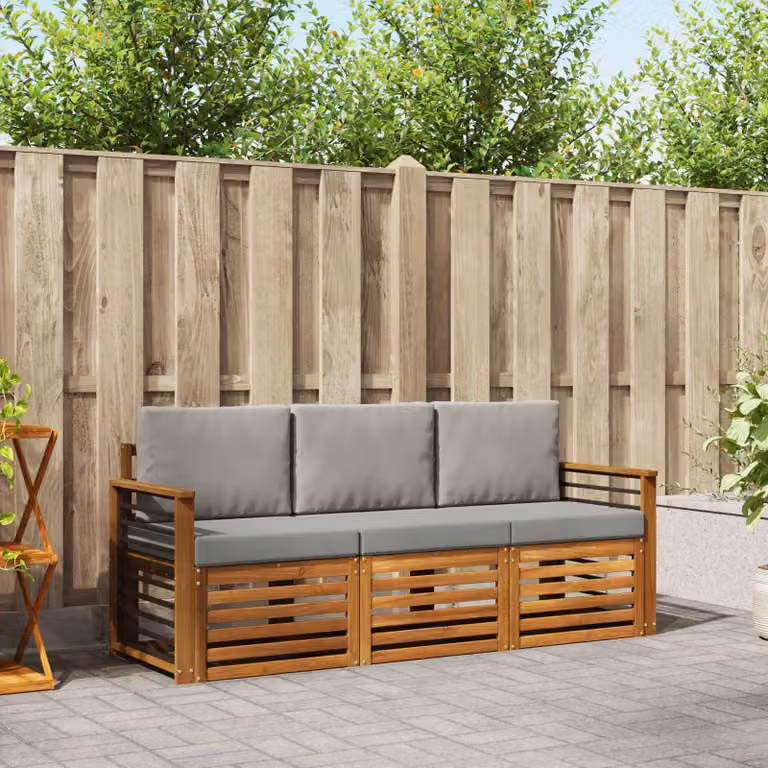 Set di divani da giardino vidaXL in legno di acacia con cuscini, 3 pezzi, Grigio e Marrone