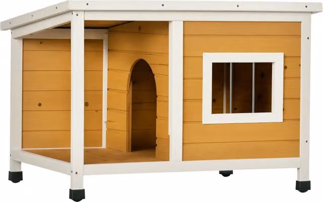 Casetta per cani Minimal in legno arancione con tetto rimovibile e pavimento rialzato L 85.5 cm x P 62 cm x H 60 cm