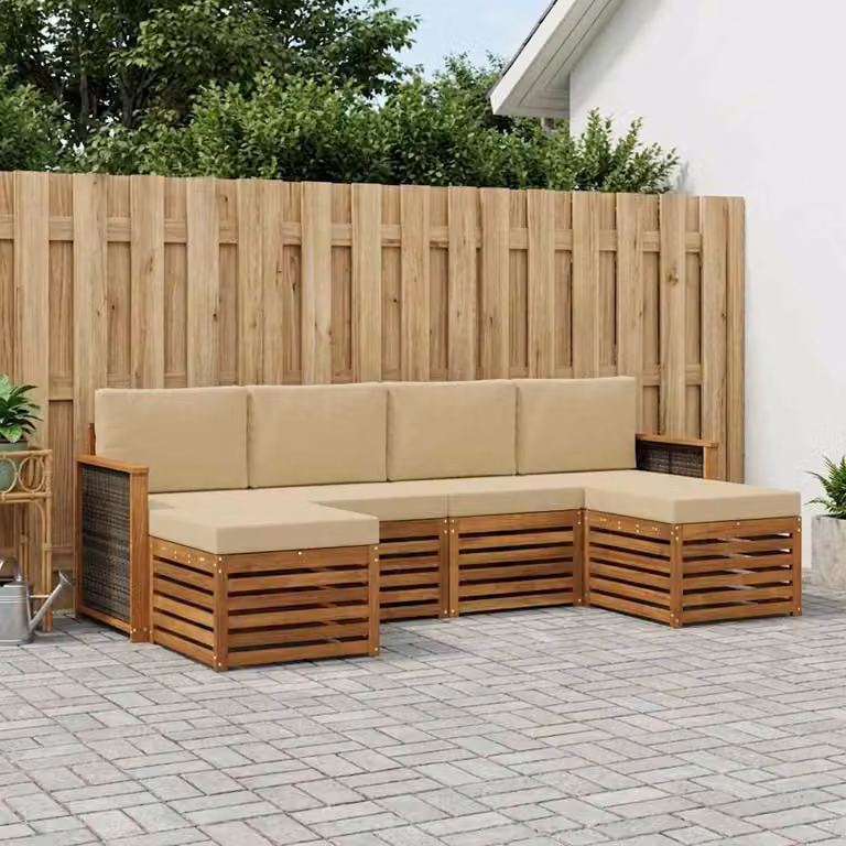 Set di divani da esterno vidaXL a forma di L in legno di acacia con cuscini beige e marrone