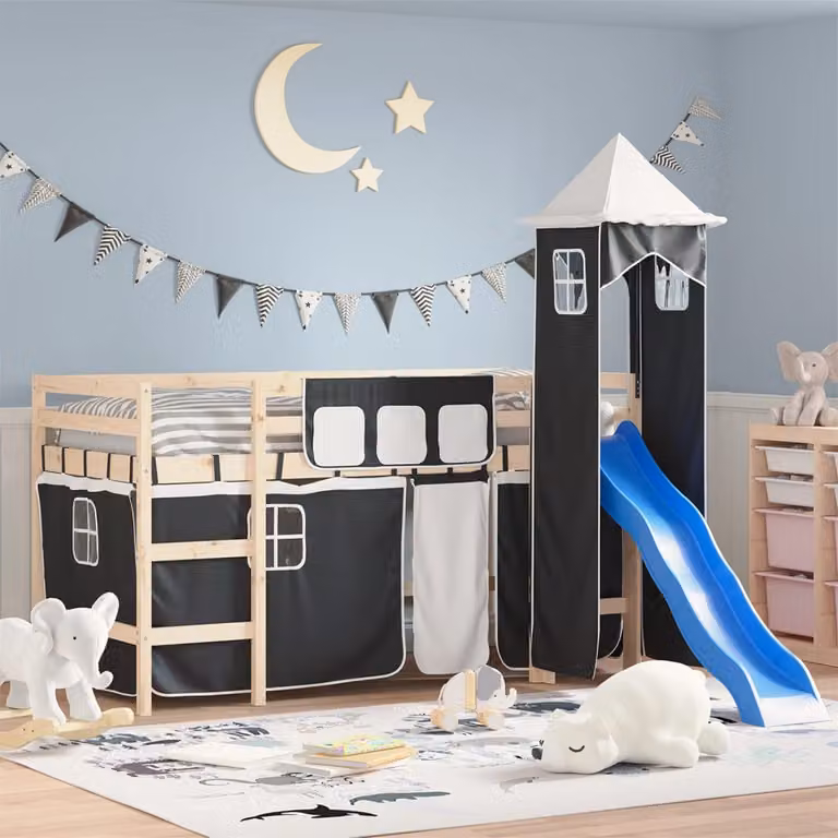 vidaXL Tende per Letto a Soppalco per Bambini con Torre, Bianco e Nero, Poliestere