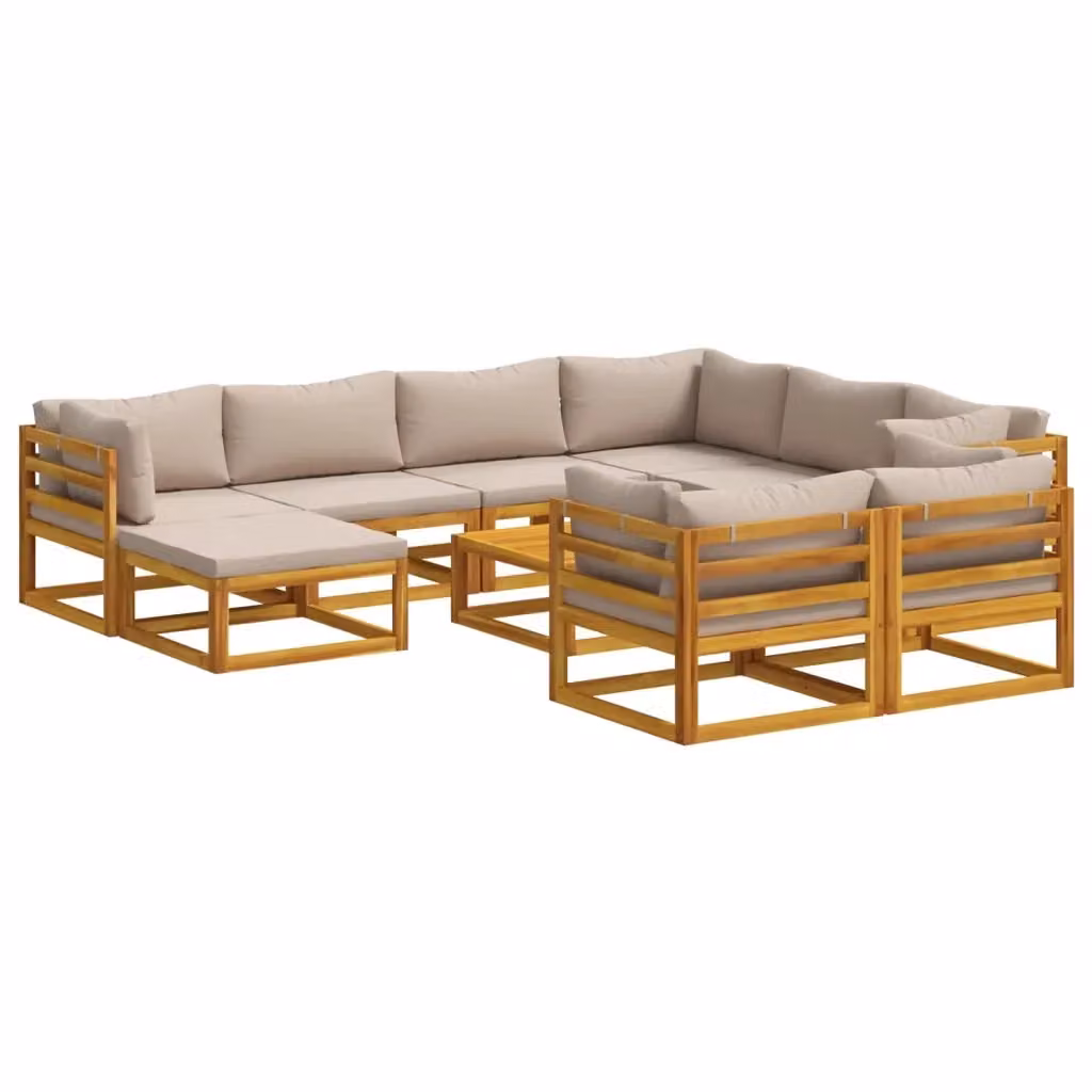 Set di divani da giardino vidaXL in legno di acacia massello con cuscini beige e marrone, composizione a L con elemento angolare, pouf e tavolino da esterno – 2