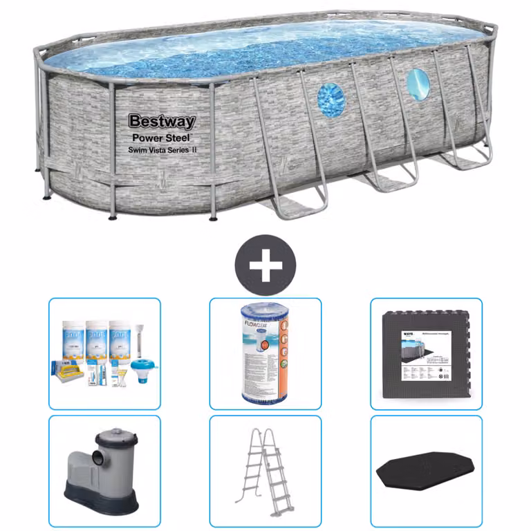 Piscina Bestway Oval Power Steel Swim Vista - stampa su pietra - 549 x 274 x 122 - inclusa pompa - scala - copertura pacchetto manutenzione - filtro - pavimento in piastrelle