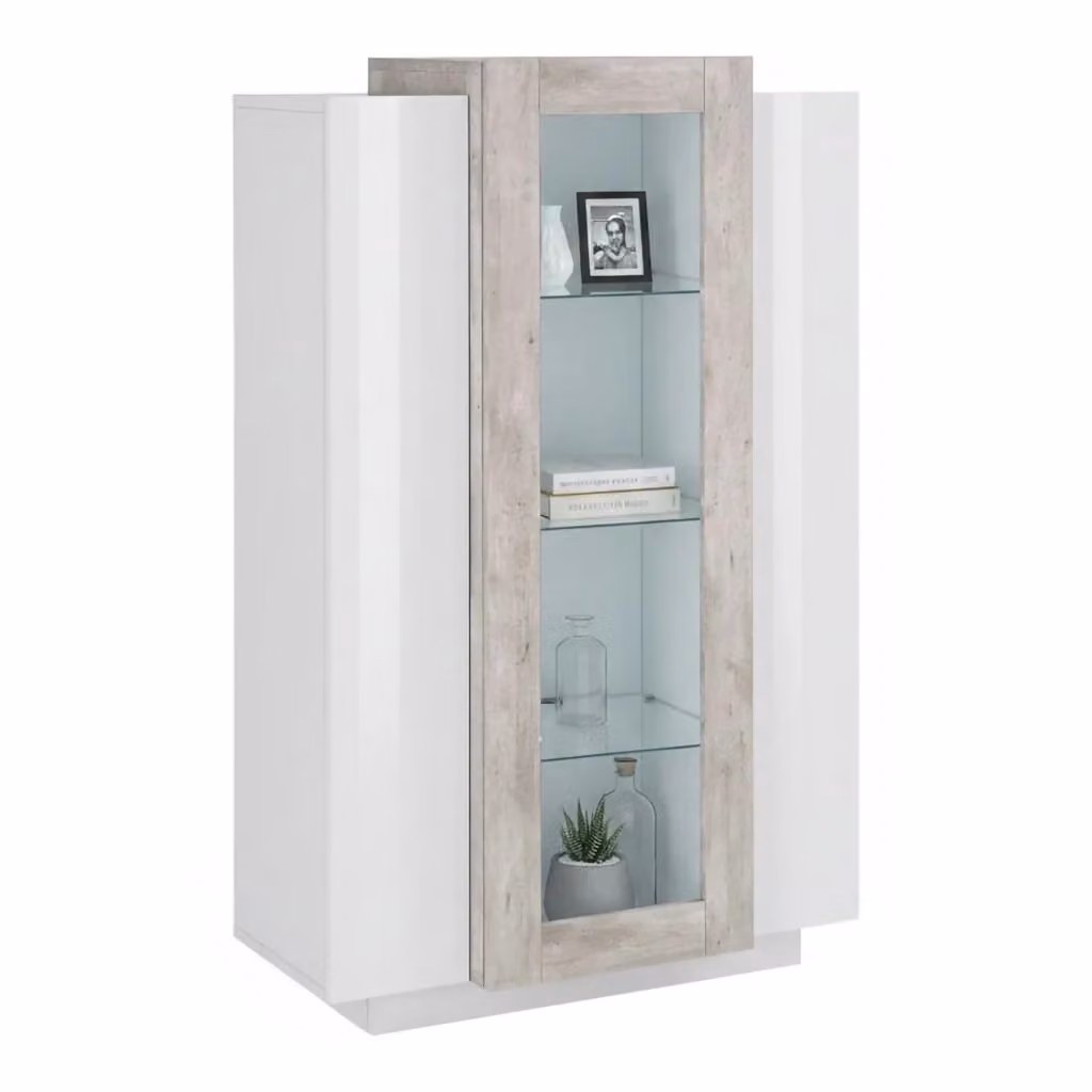 Vetrina moderna DMORA con ante in vetro e illuminazione integrata, Bianco lucido e Grigio cemento, L: 80 cm, P: 38 cm, H: 121 cm – 2