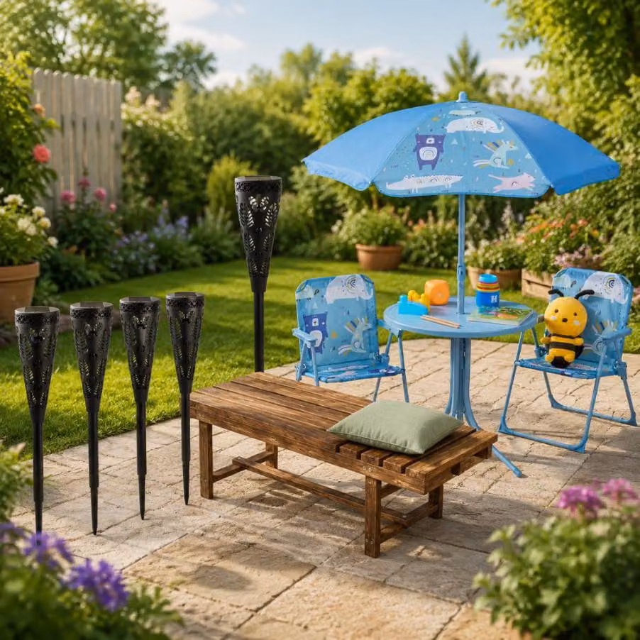 Set di mobili da giardino per la famiglia (3 pezzi) – Set da campeggio per bambini, panca in abete a 2 posti e torcia a energia solare