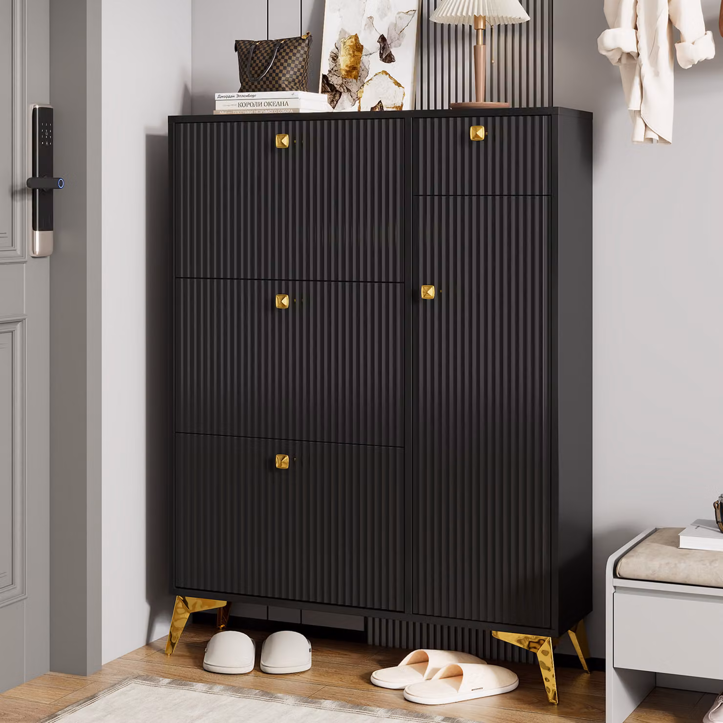 Armadio porta scarpe moderno Aosom Italy con 3 ribalte basculanti nero opaco – 2